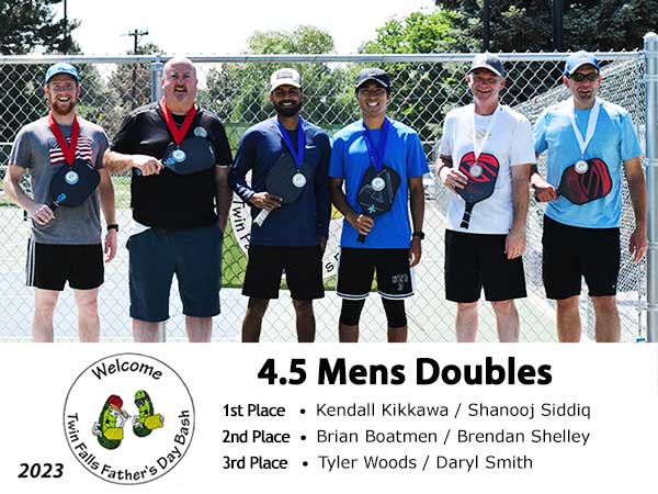 group photo of the winners of the 4.5 Men's doubles bracket, June 16, 2023